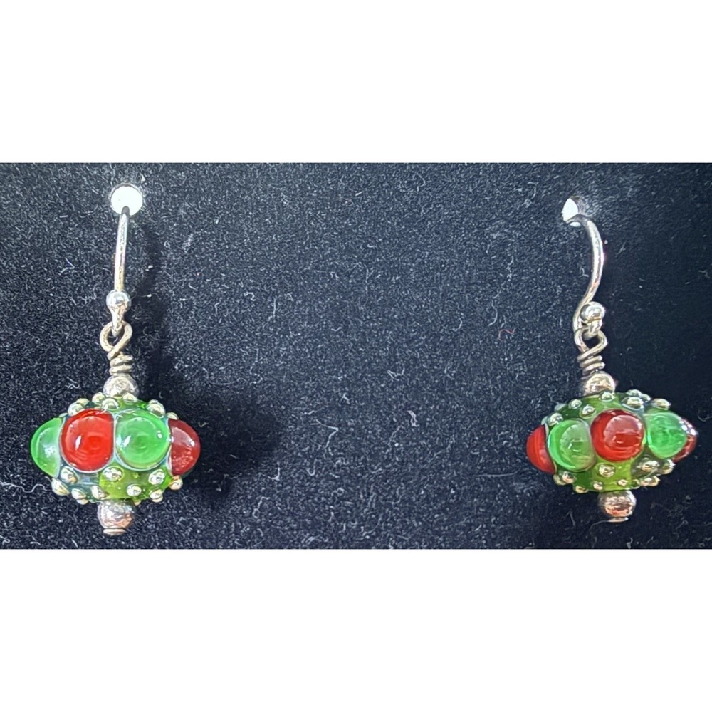 Vintage Lampwork Glass Dangle Earrings Sterling Silver Hooks Red Green Beads